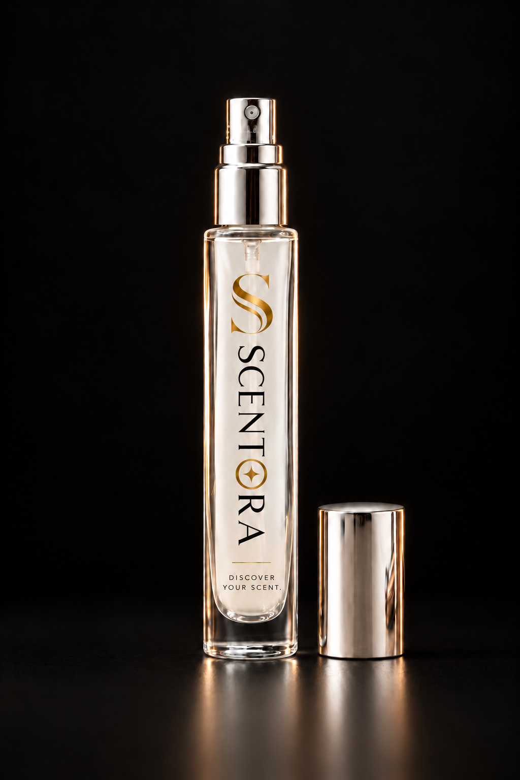 Scentora branded glass spray vial with silver atomizer and cap